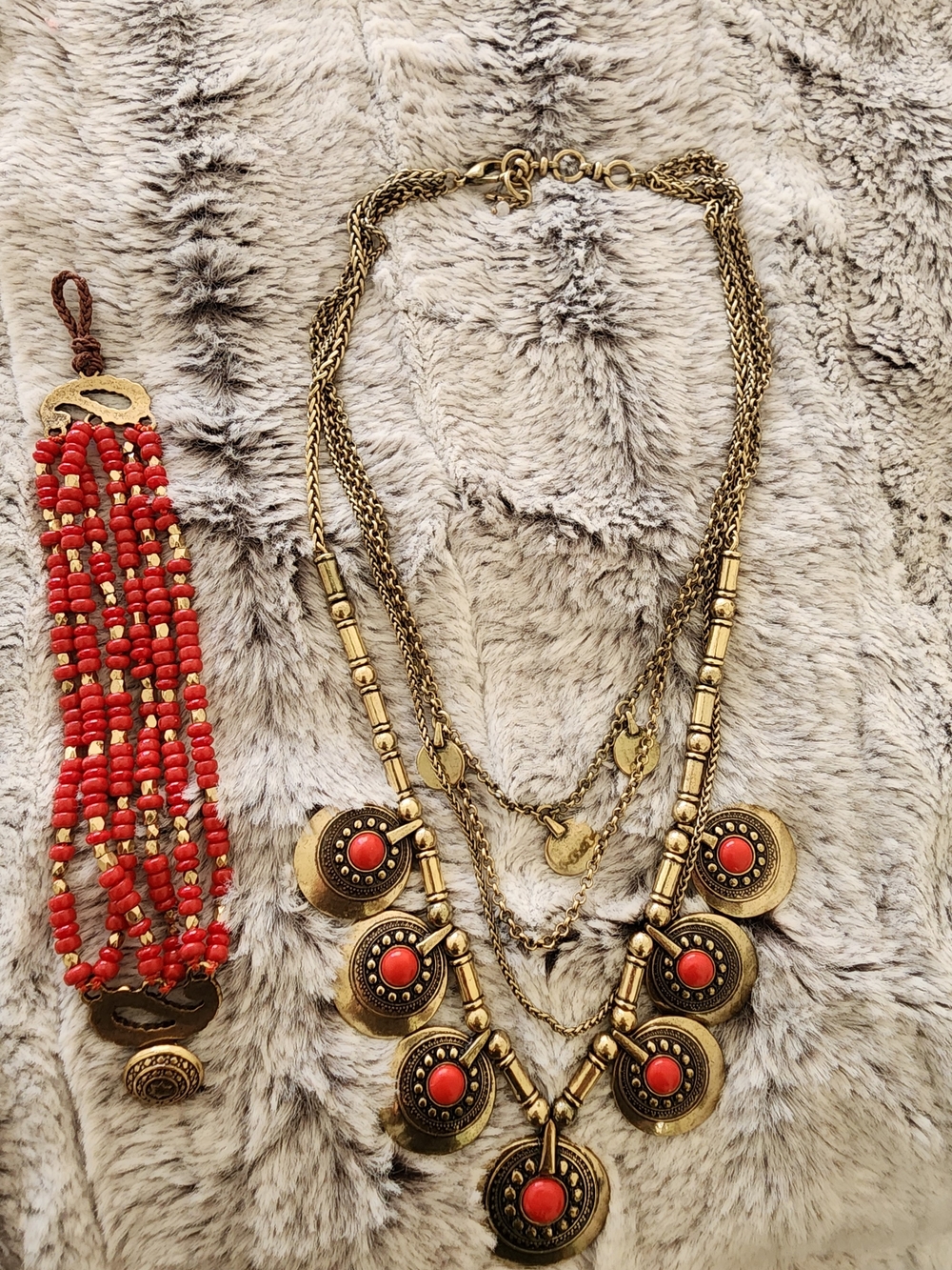 Boho Gold and Red Multi-Strand Coin Necklace with Coral Accents